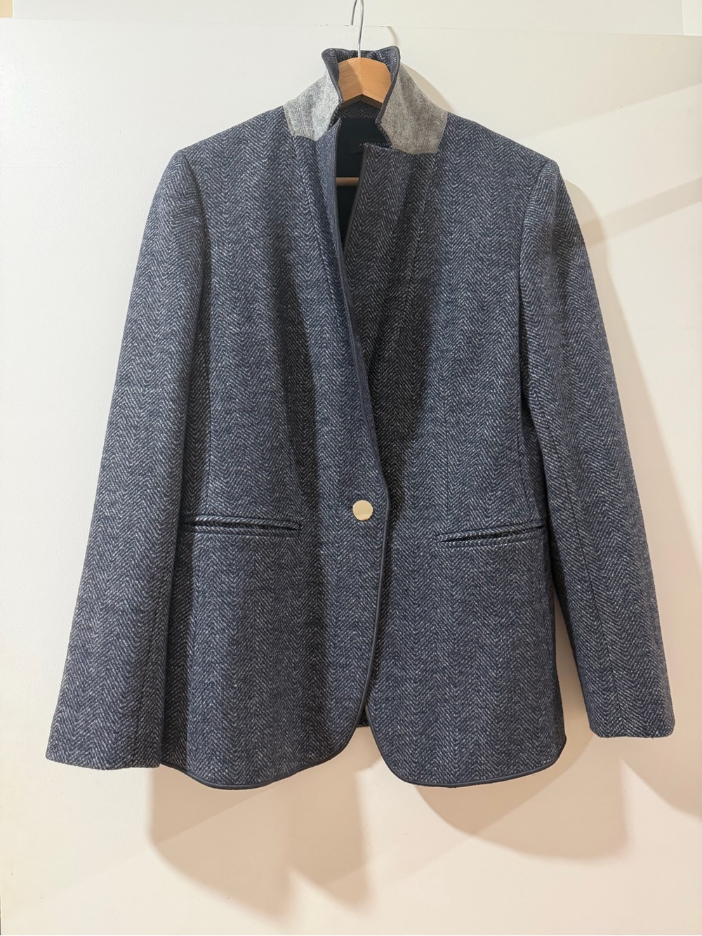 Ann Taylor Herringbone Blazer Blue White, Gold Buttons size 6